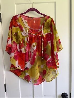 Watercolor Floral Sheer Tunic Top - Pink & Olive
